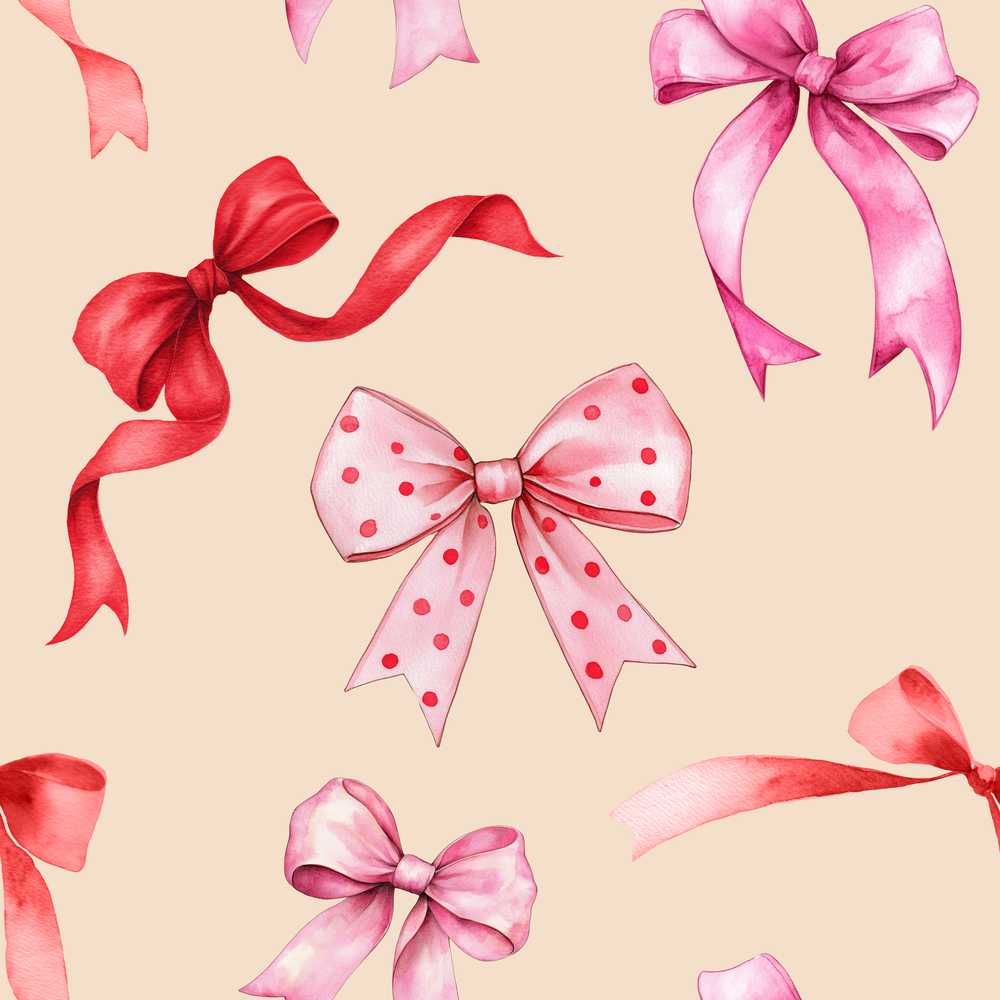 Watercolor Red Pink Ribbon Bows Warm Beige Background Cute Girly