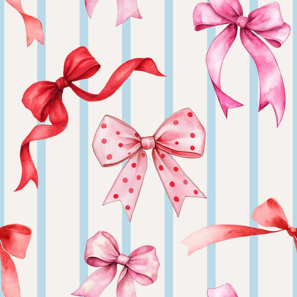 Watercolor Red Pink Ribbon Bows Blue Stripe Background Cute Girly