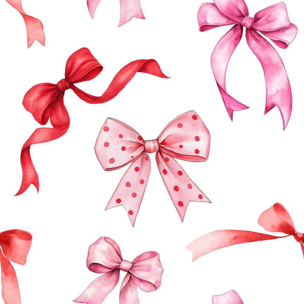 Watercolor Red Pink Ribbon Bows Light Grey Background Cute Girly