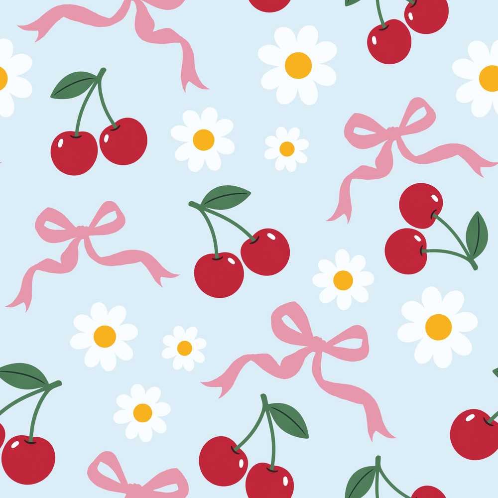 Cute Cherry and Daisy Flowers with Pink Ribbon Bows Soft