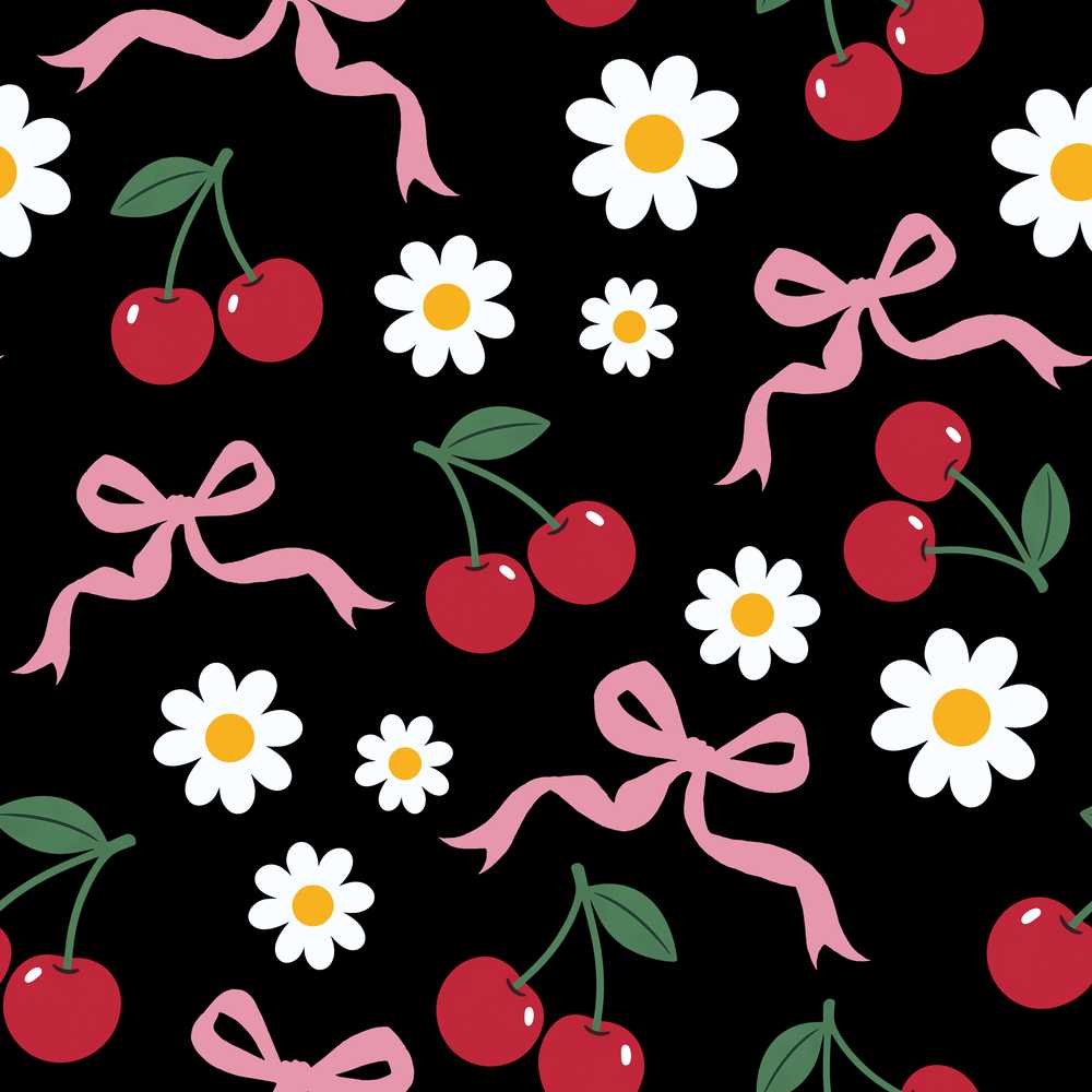 Cute Cherry and Daisy Flowers with Pink Ribbon Bows Black