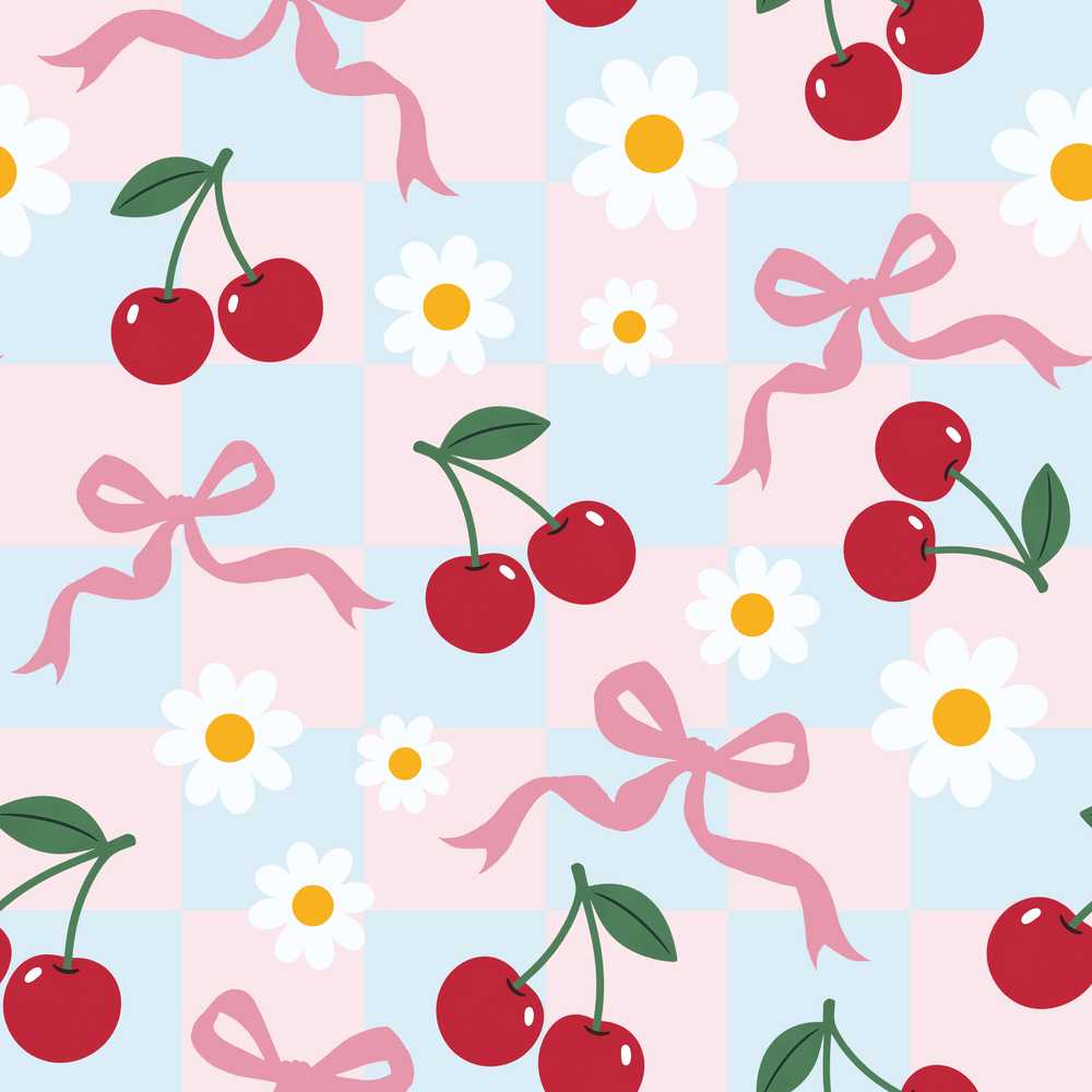 Cute Cherry and Daisy Flowers with Pink Ribbon Bows Blue