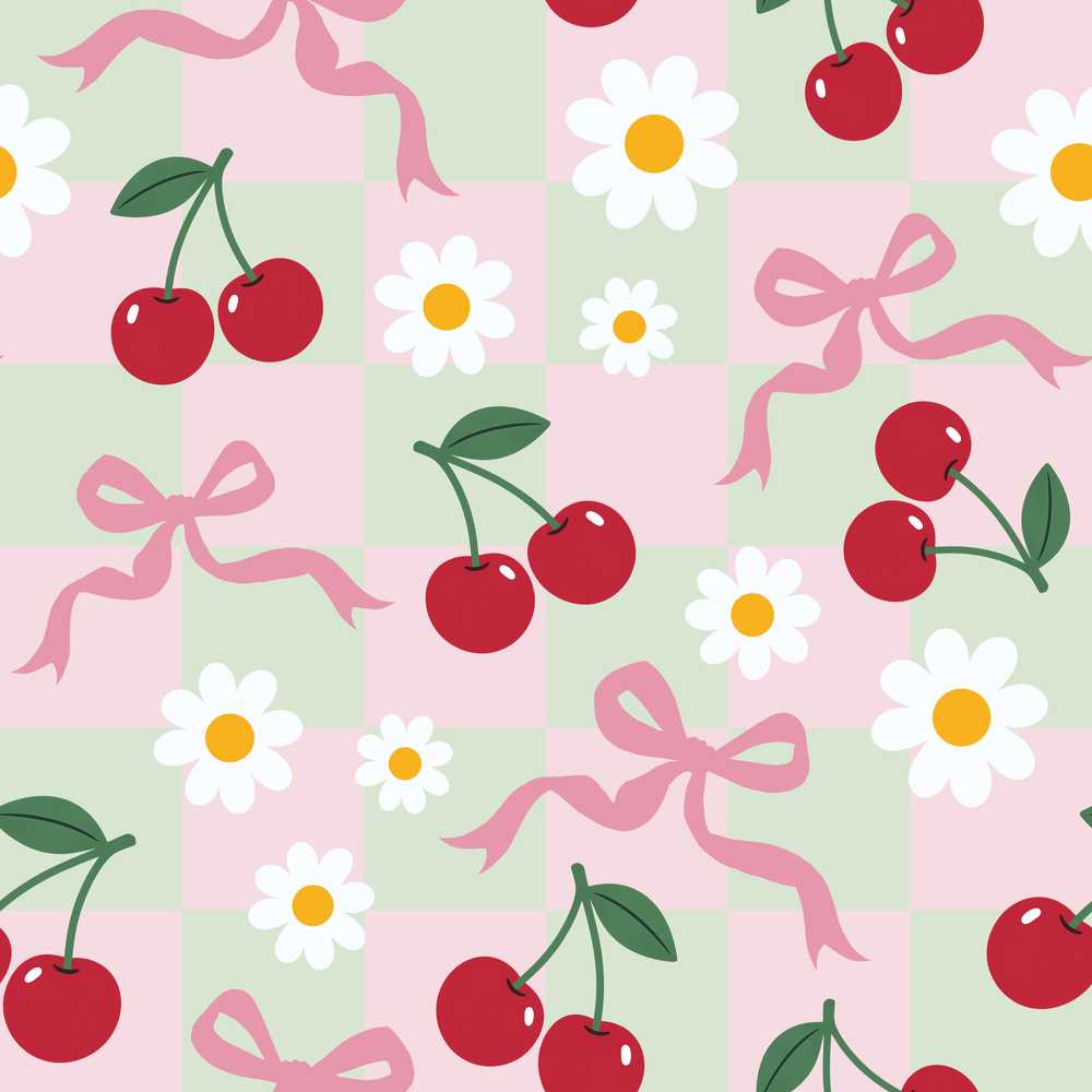 Cute Cherry and Daisy Flowers with Pink Ribbon Bows Green