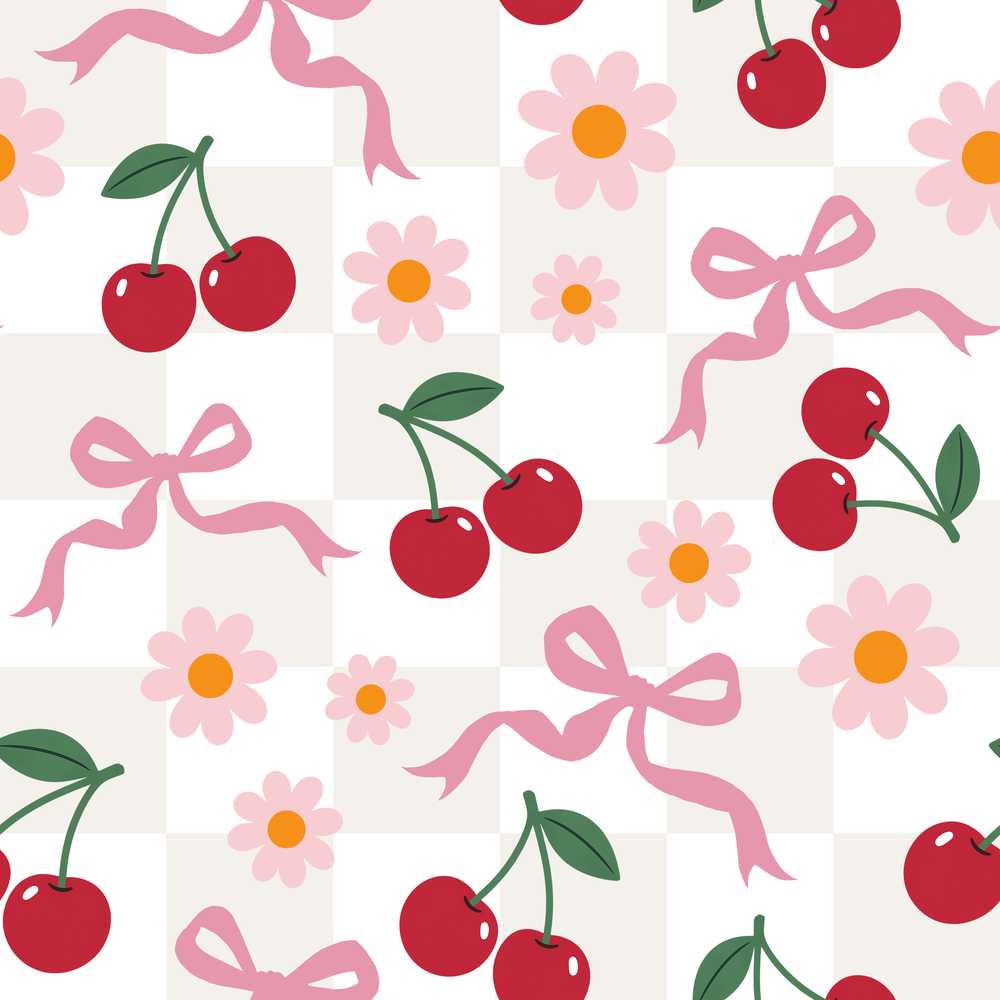 Cute Cherry and Daisy Flowers with Pink Ribbon Bows Neutral