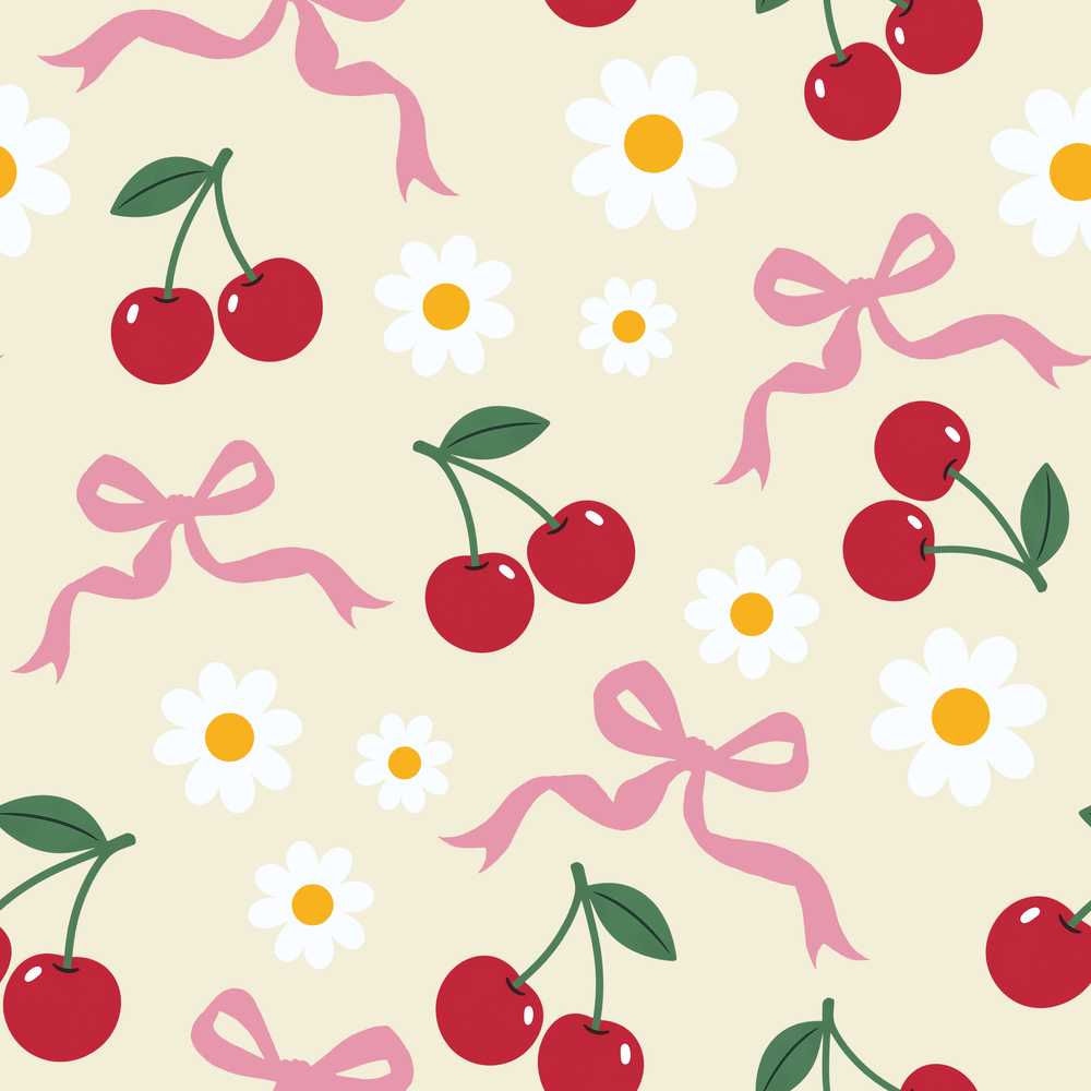 Cute Cherry and Daisy Flowers with Pink Ribbon Bows Cream