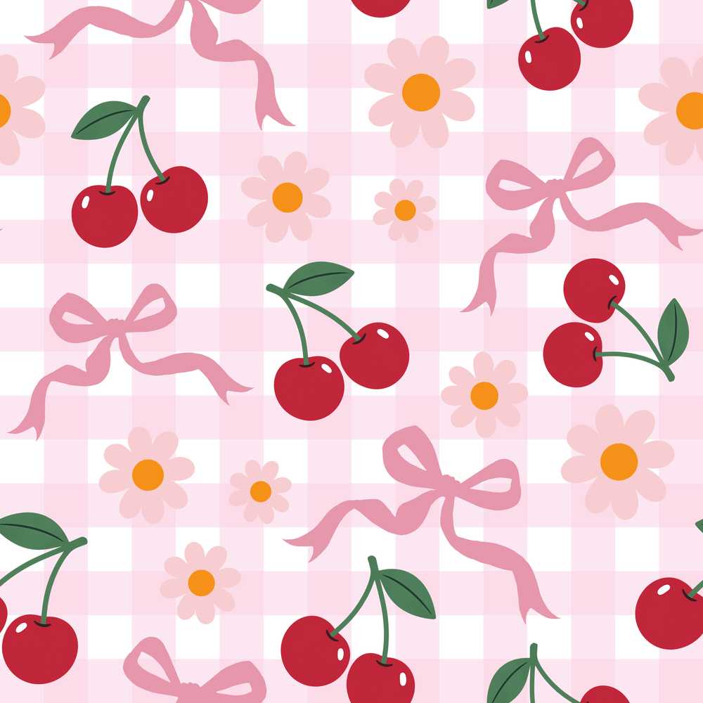 Cute Cherry and Daisy Flowers with Pink Ribbon Bows Pink