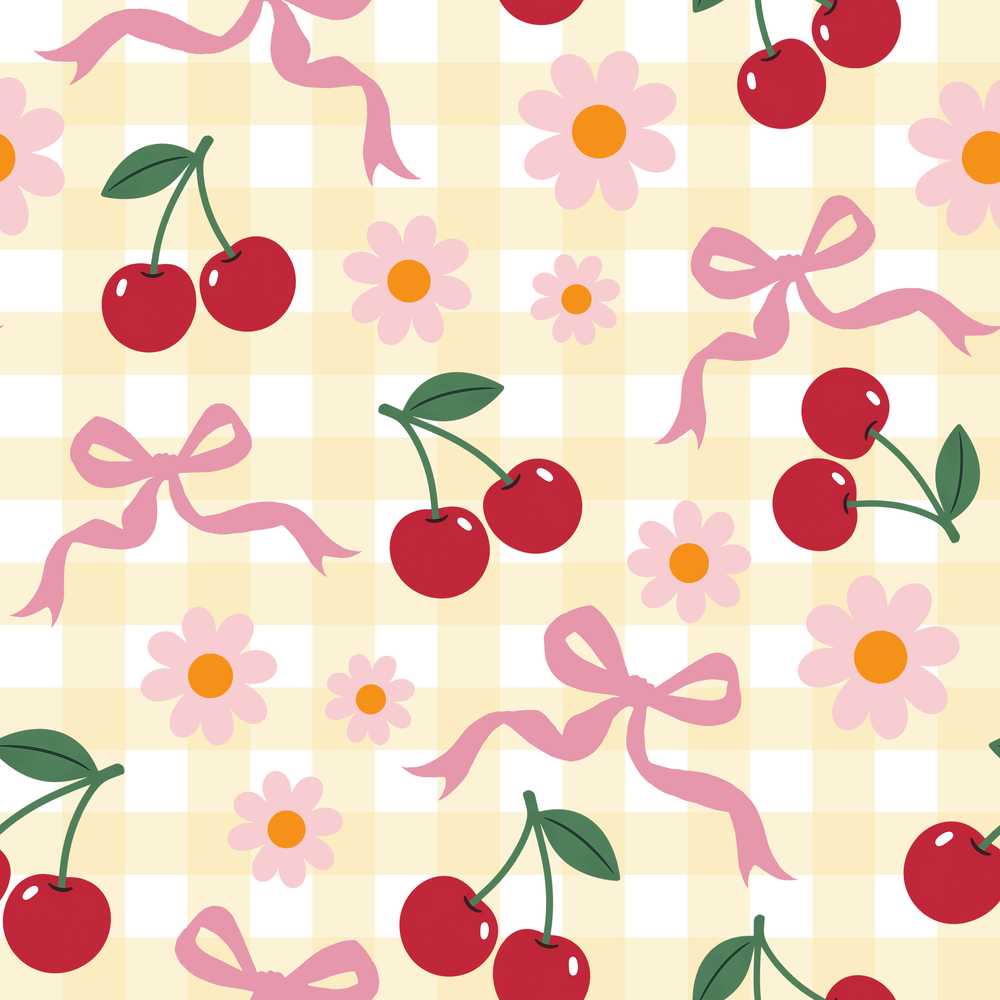 Cute Cherry and Daisy Flowers with Pink Ribbon Bows Yellow