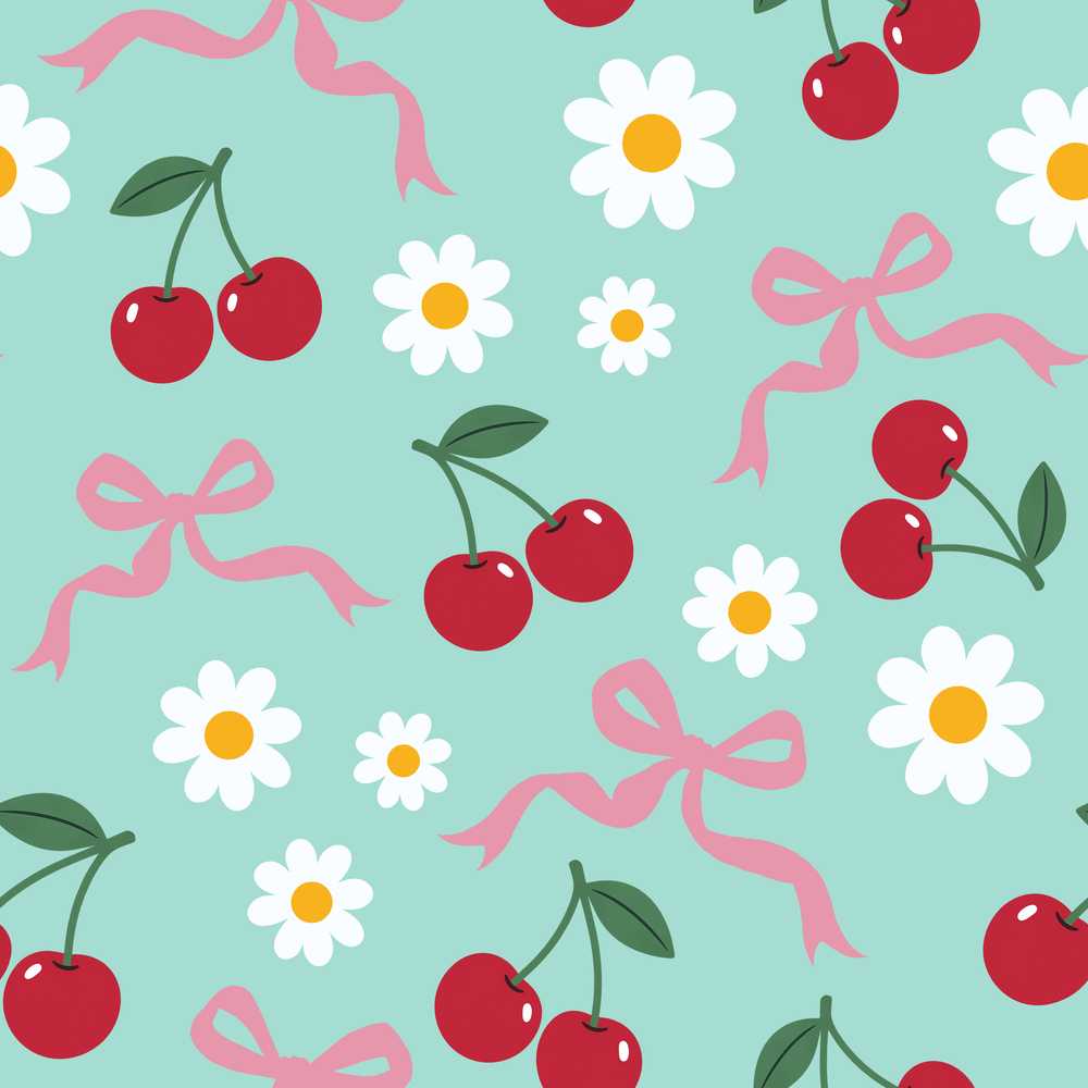 Cute Cherry and Daisy Flowers with Pink Ribbon Bows Teal