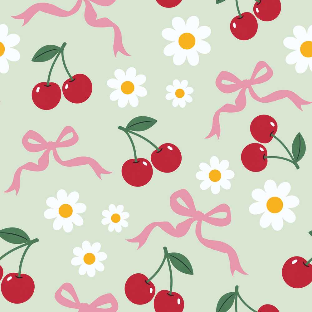 Cute Cherry and Daisy Flowers with Pink Ribbon Bows Sage
