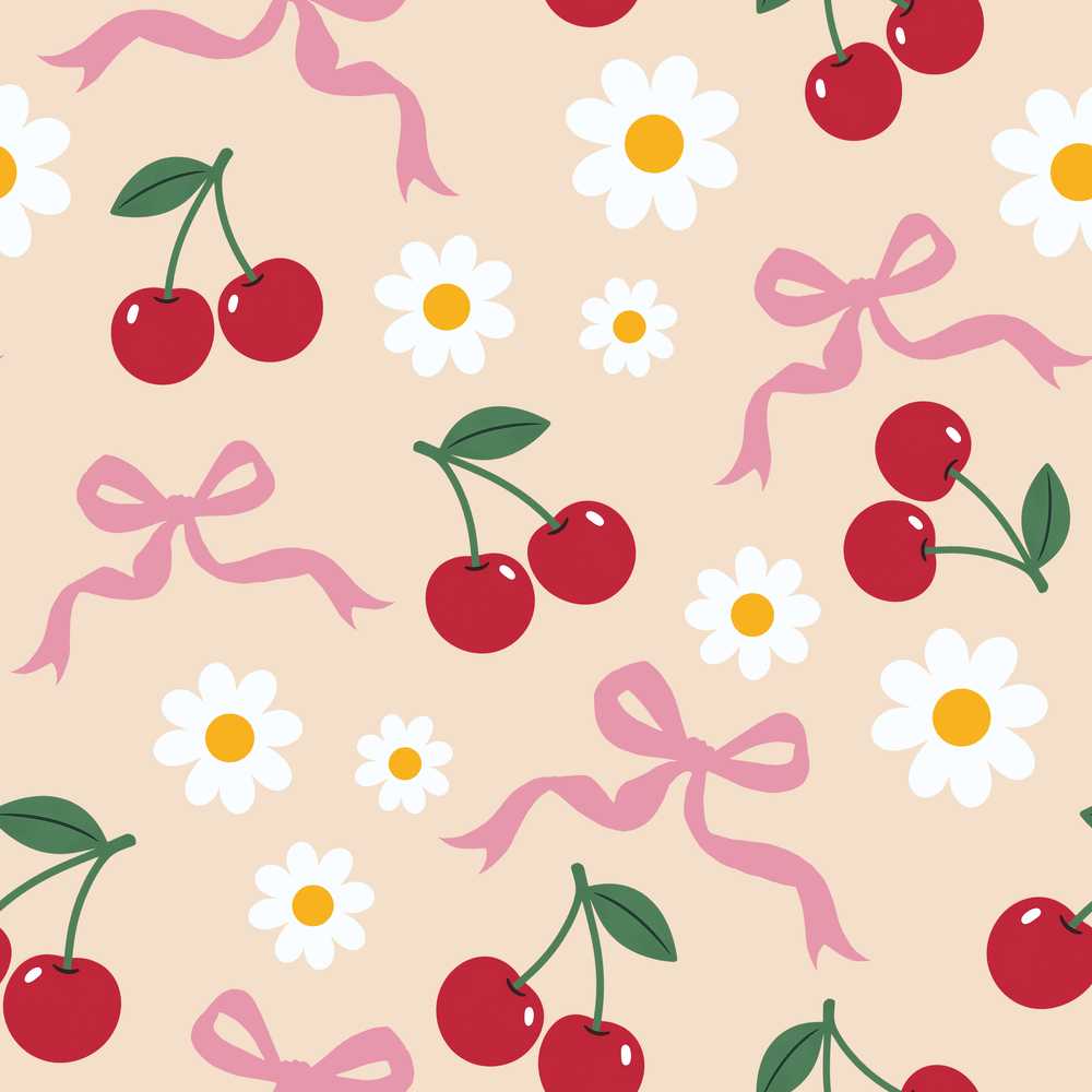 Cute Cherry and Daisy Flowers with Pink Ribbon Bows Beige