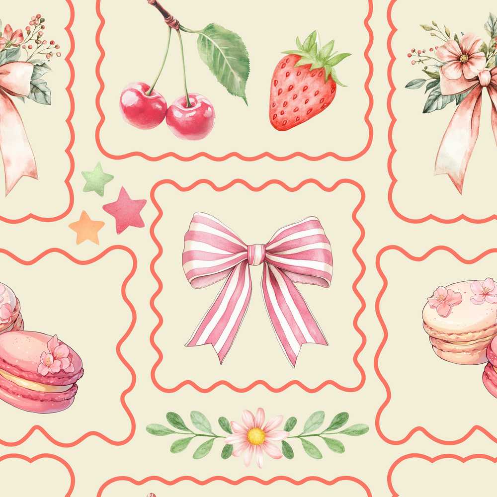 Cute Cherry and Daisy Flowers with Pink Ribbon Bows White