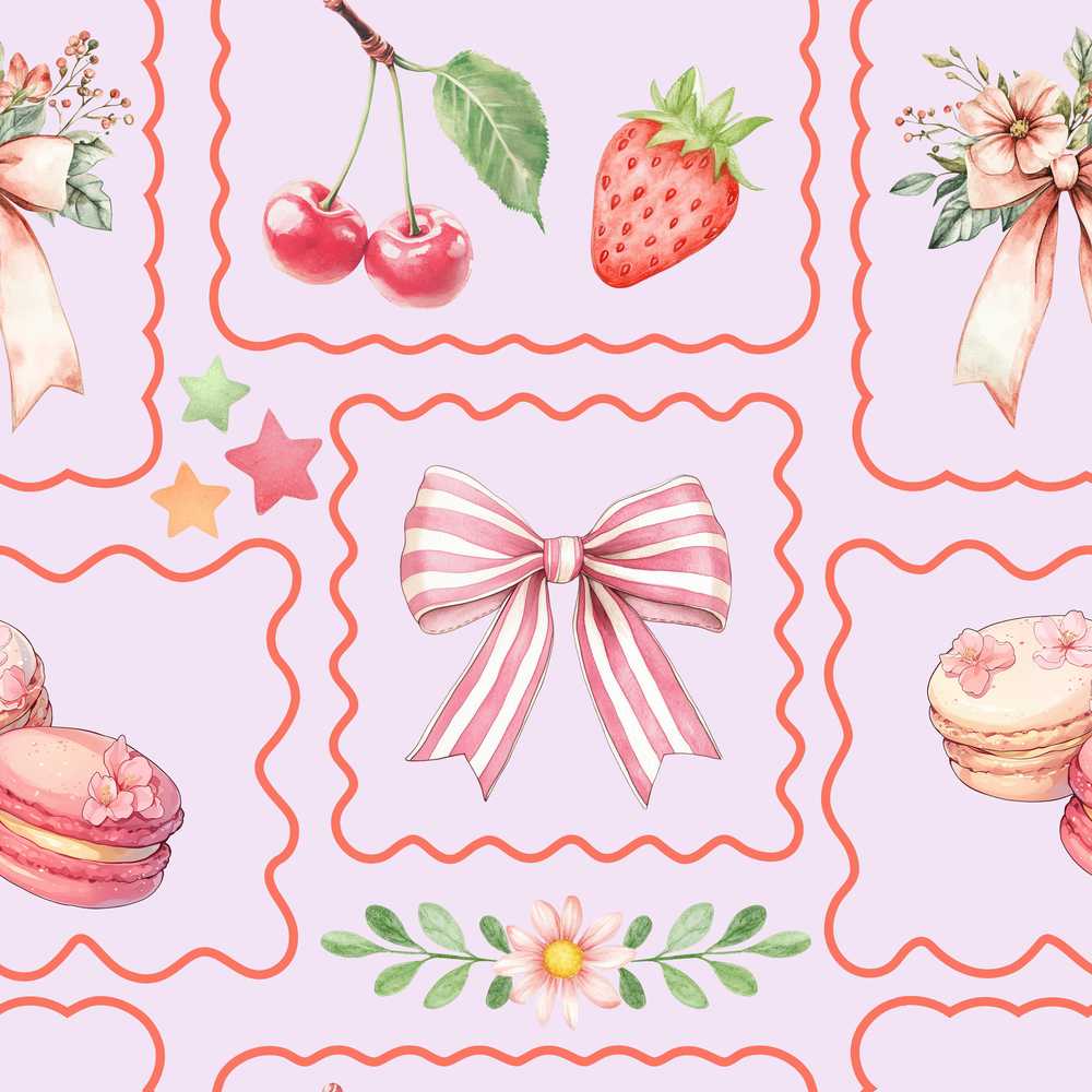 Cute Watercolor Cherry Strawberry RibbonBow Macaron Frame Soft Lilac Background