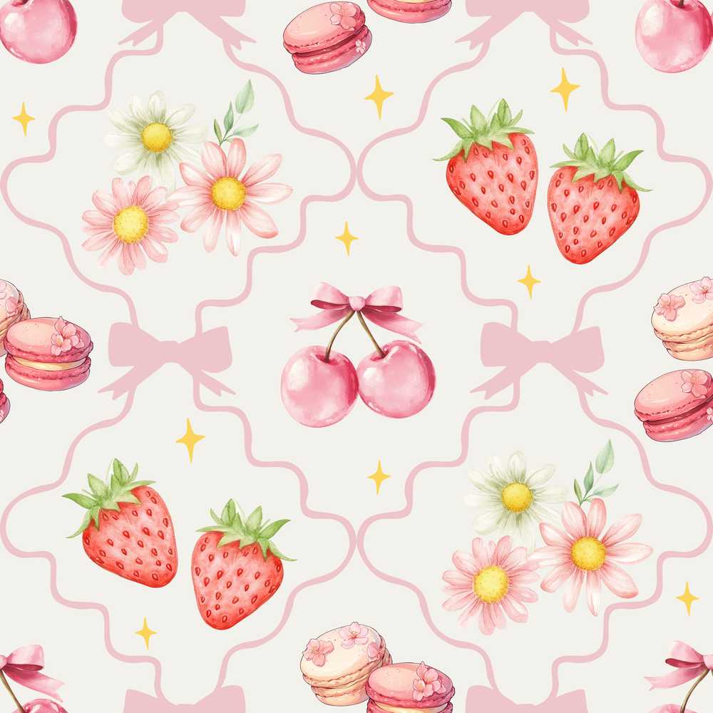 Cute Watercolor Cherry Strawberry Daisy Flowers Pink Bow Light Grey