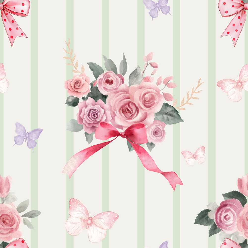 Cute Watercolor Roses Bouquet with Red Ribbon Sage Green Stripe