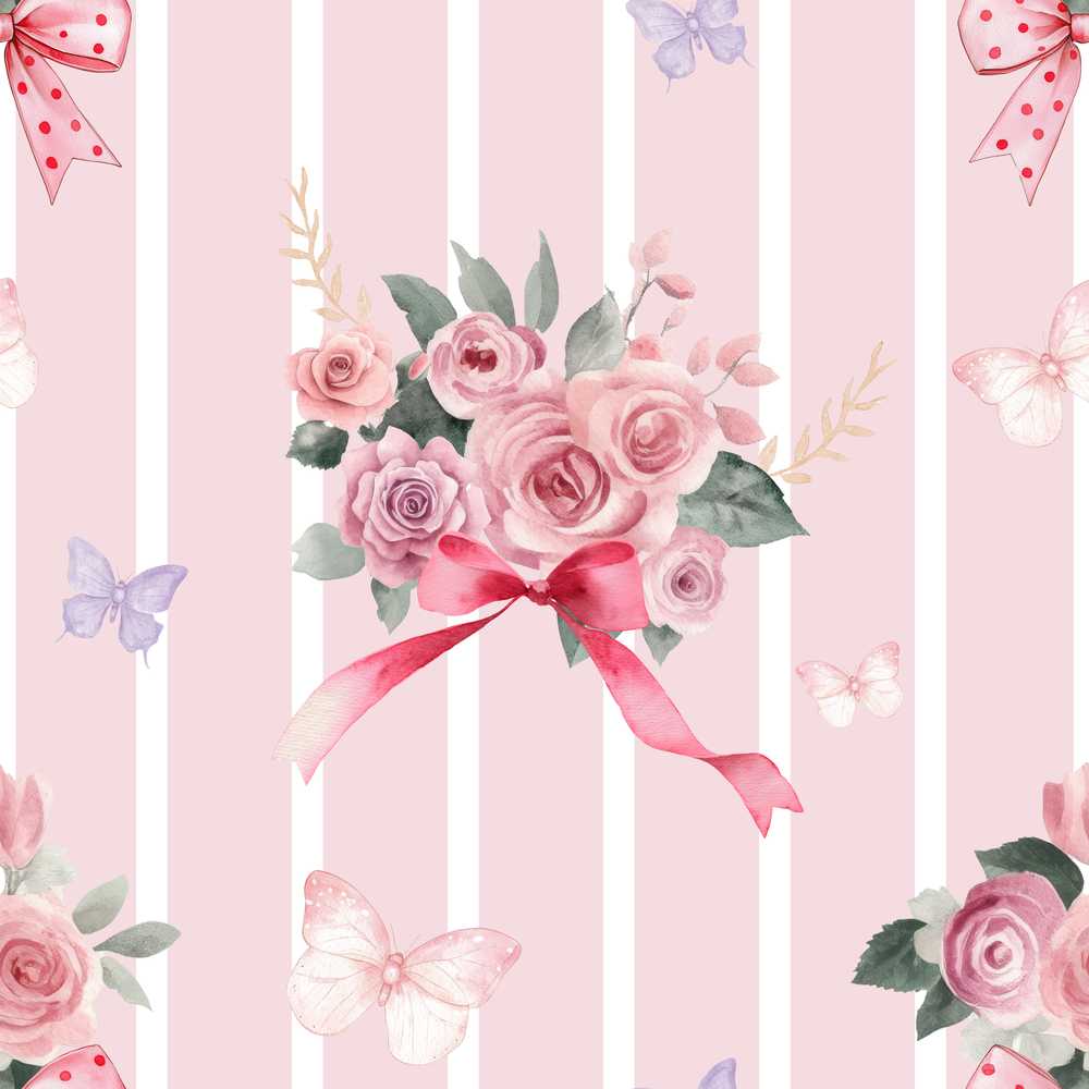 Cute Watercolor Roses Bouquet with Red Ribbon Blush Pink Stripe