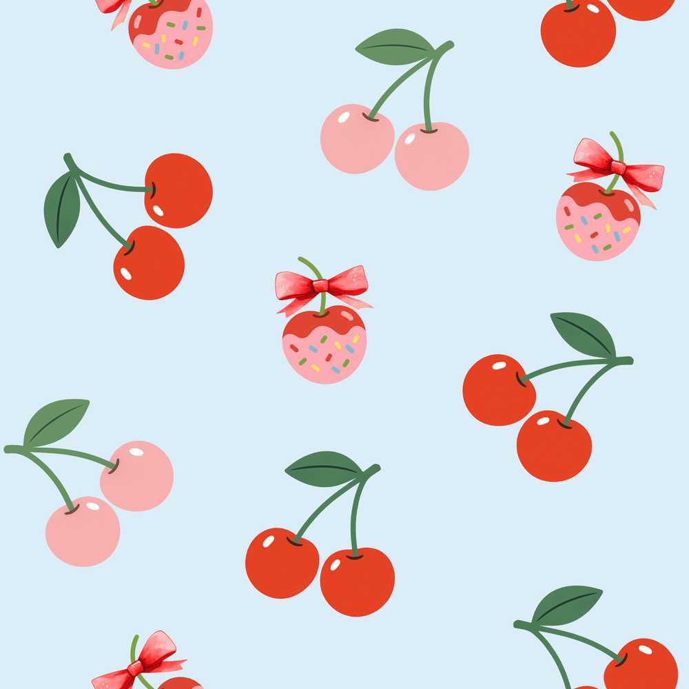Cute Cherry Fruit with Bow and Sprinkles Pastel Blue Background