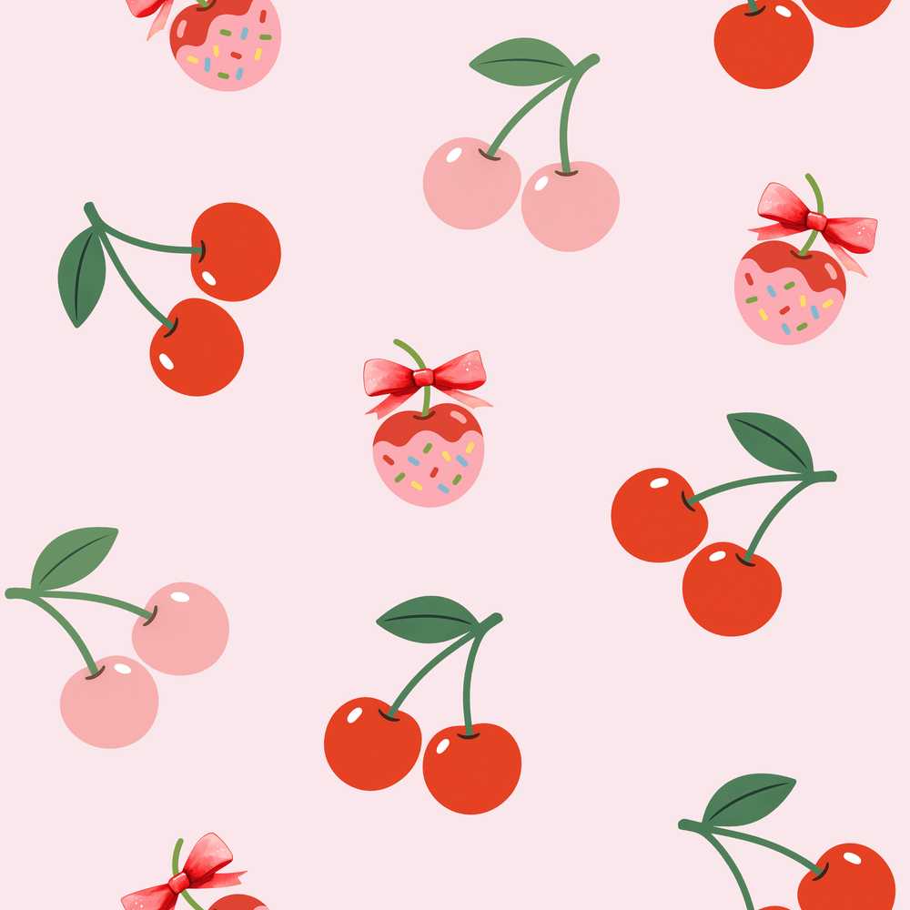 Cute Cherry Fruit with Bow and Sprinkles Soft Pink Background