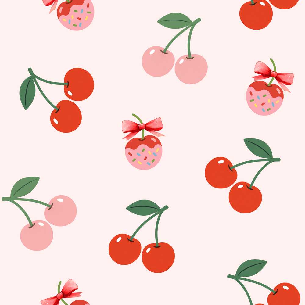 Cute Cherry Fruit with Bow and Sprinkles Soft Beige Background