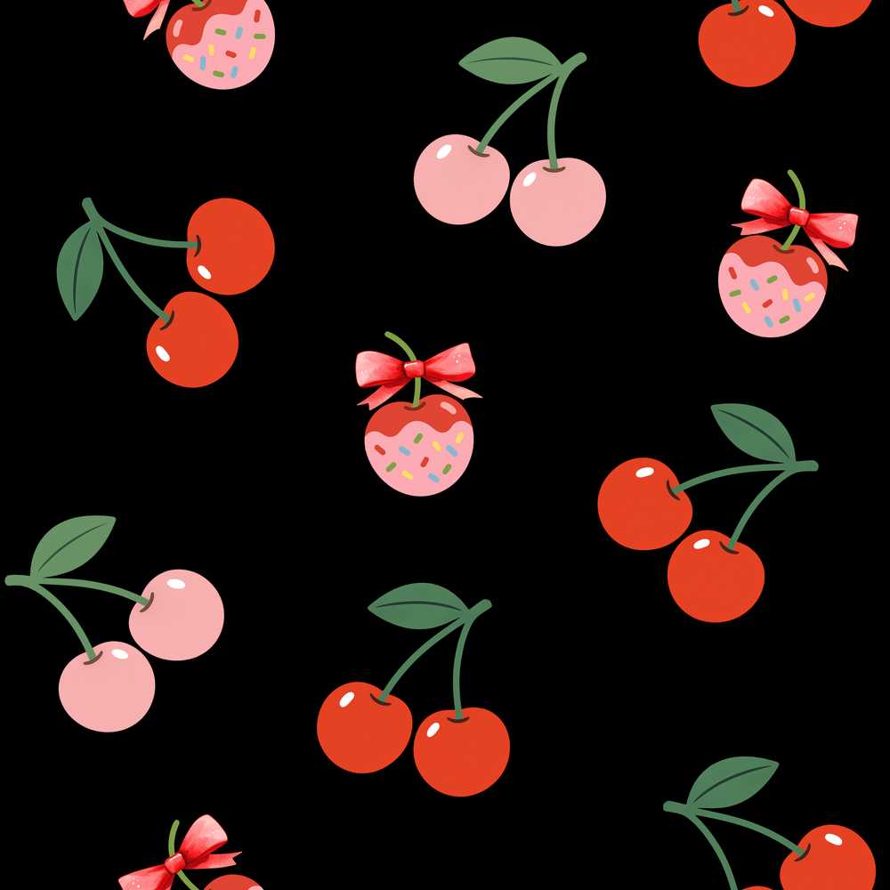Cute Cherry Fruit with Bow and Sprinkles Black Background