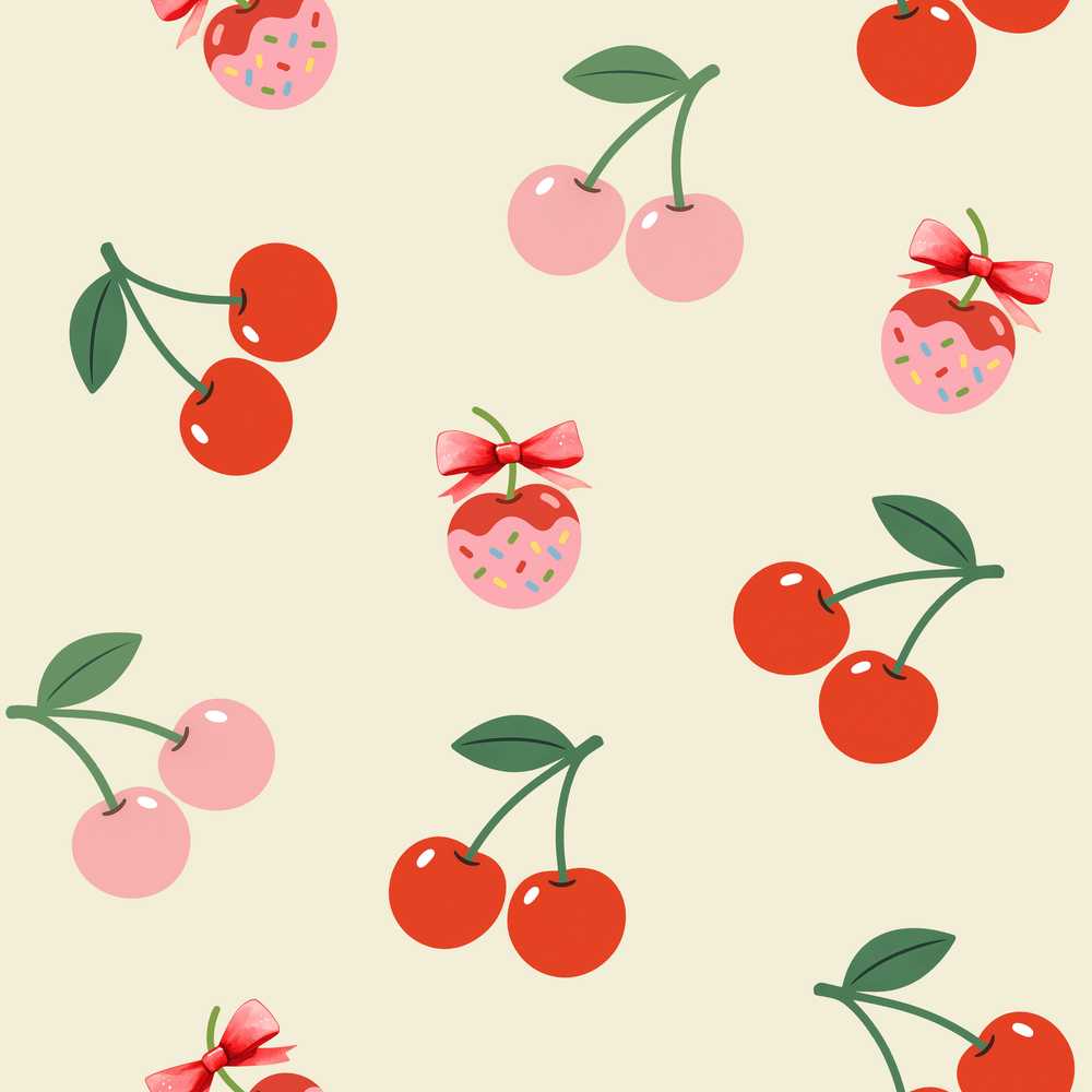 Cute Cherry Fruit with Bow and Sprinkles Light Olive Background