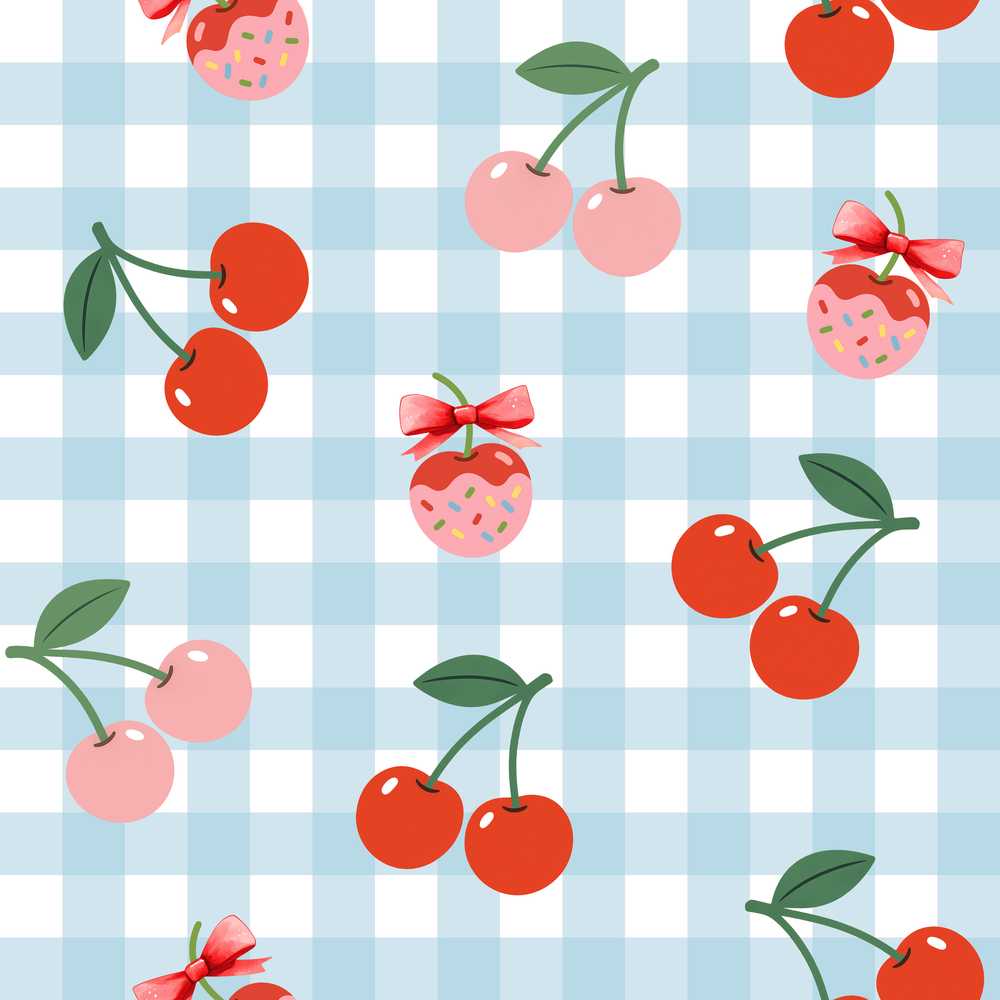 Cute Cherry Fruit with Bow and Sprinkles Blue Gingham Check
