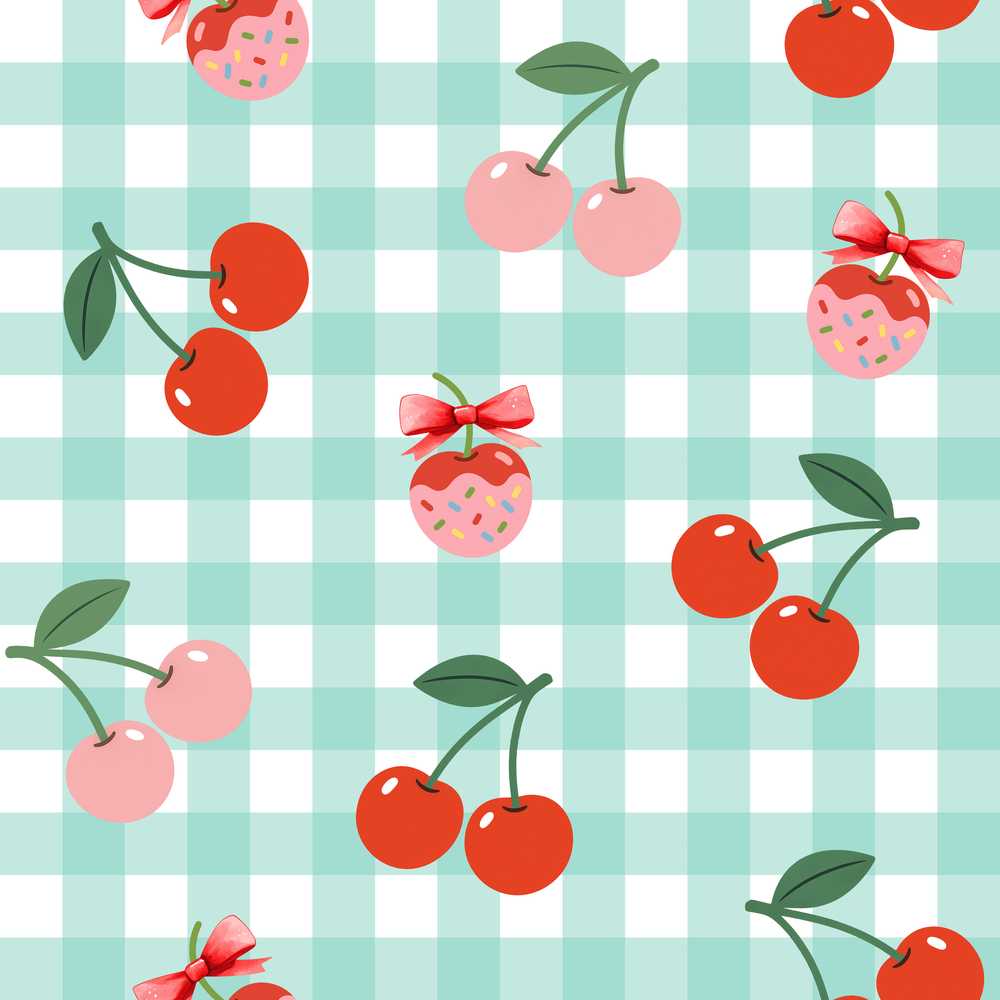Cute Cherry Fruit with Bow and Sprinkles Mint Gingham Check