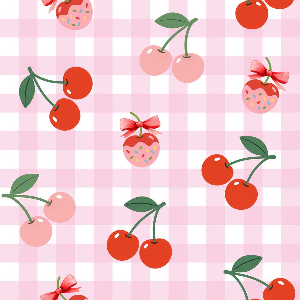 Cute Cherry Fruit with Bow and Sprinkles Pink Gingham Check