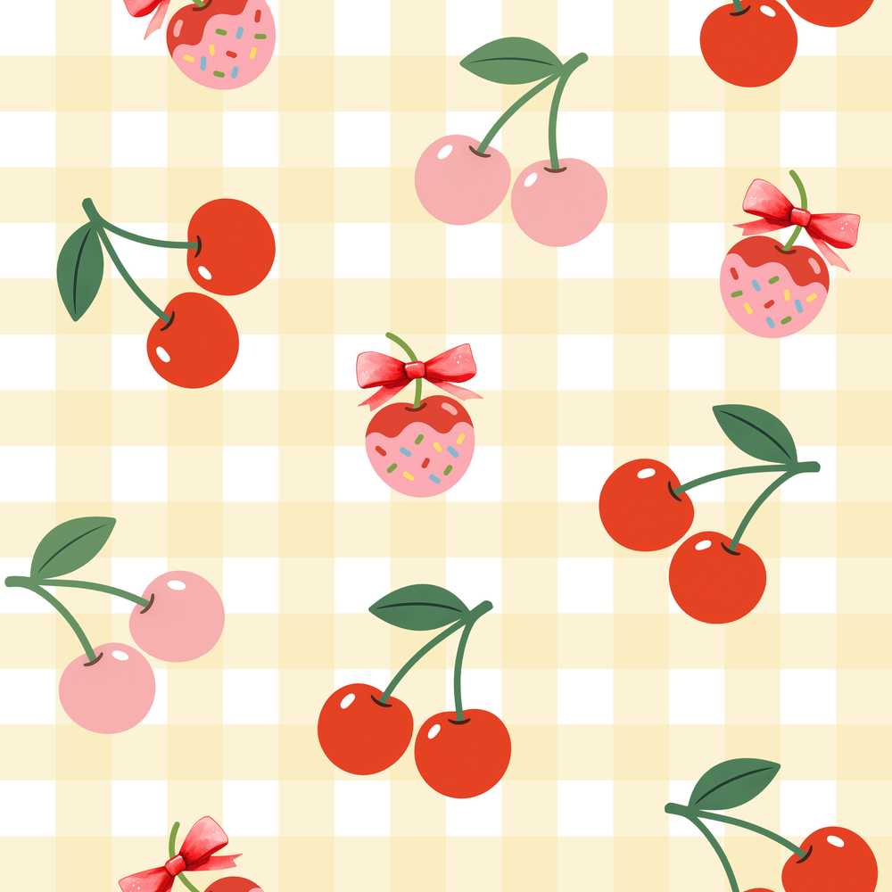 Cute Cherry Fruit with Bow and Sprinkles Yellow Gingham Check