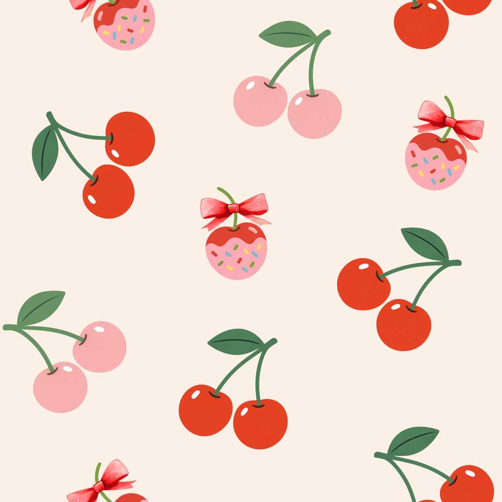 Cute Cherry Fruit with Bow and Sprinkles Warm Beige Background