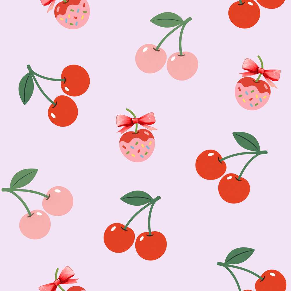 Cute Cherry Fruit with Bow and Sprinkles Soft Lilac Background