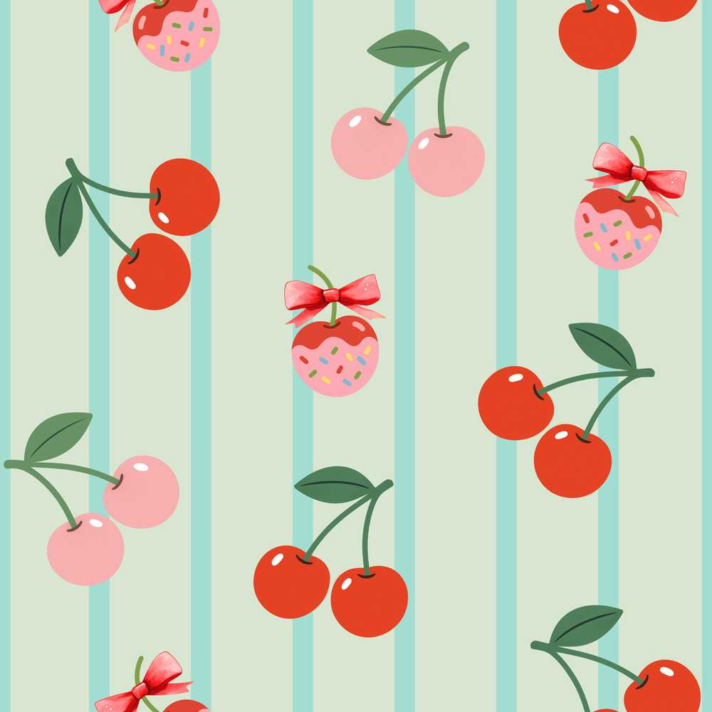 Cute Cherry Fruit with Bow and Sprinkles Mint Stripe Background