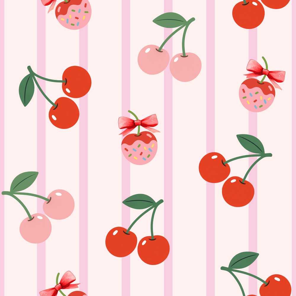 Cute Cherry Fruit with Bow and Sprinkles Pink Stripe Background