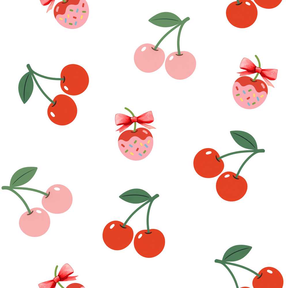 Cute Cherry Fruit with Bow and Sprinkles Light Grey Background