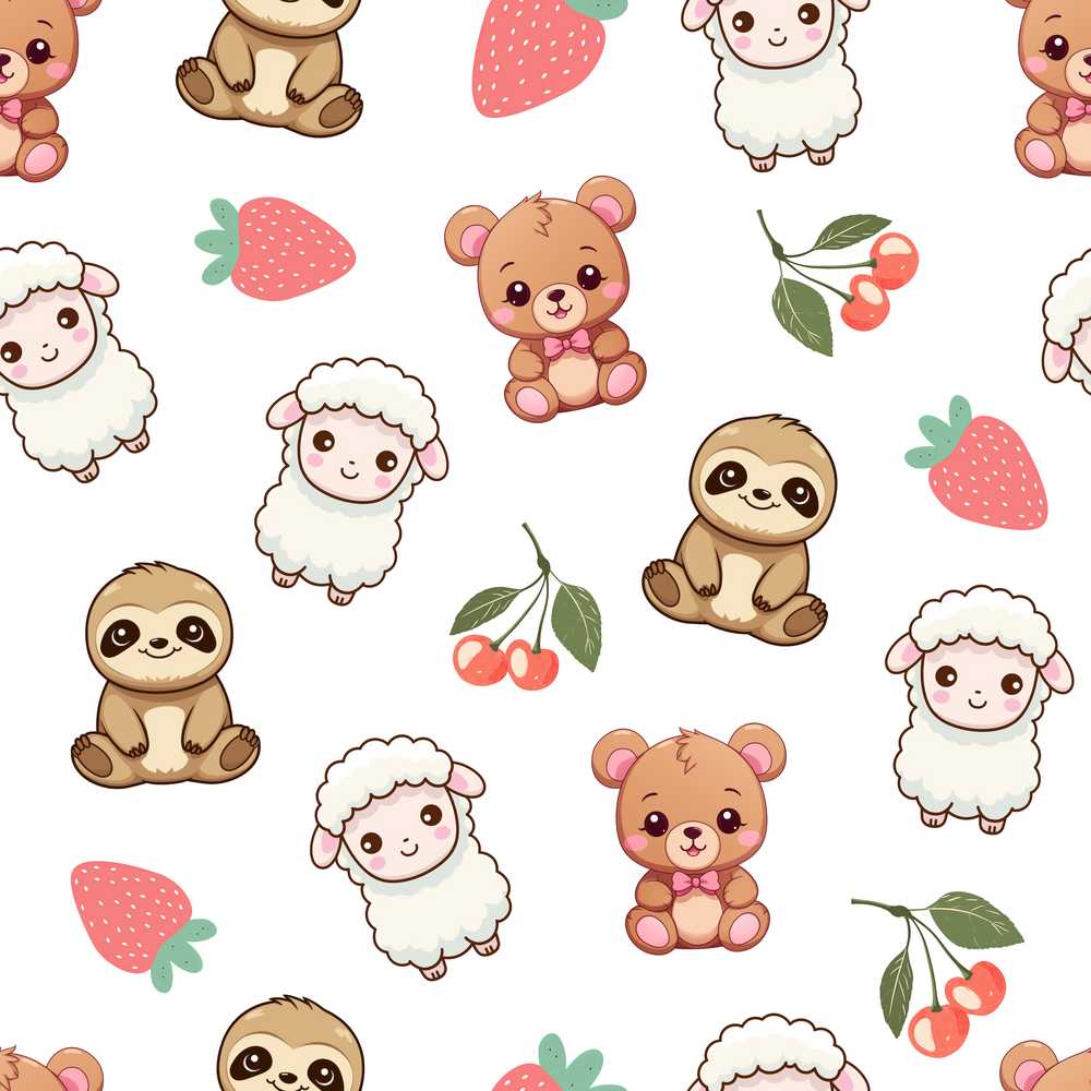 Cute Cute Animals Bear Sloth Sheep Strawberry Soft Grey Background