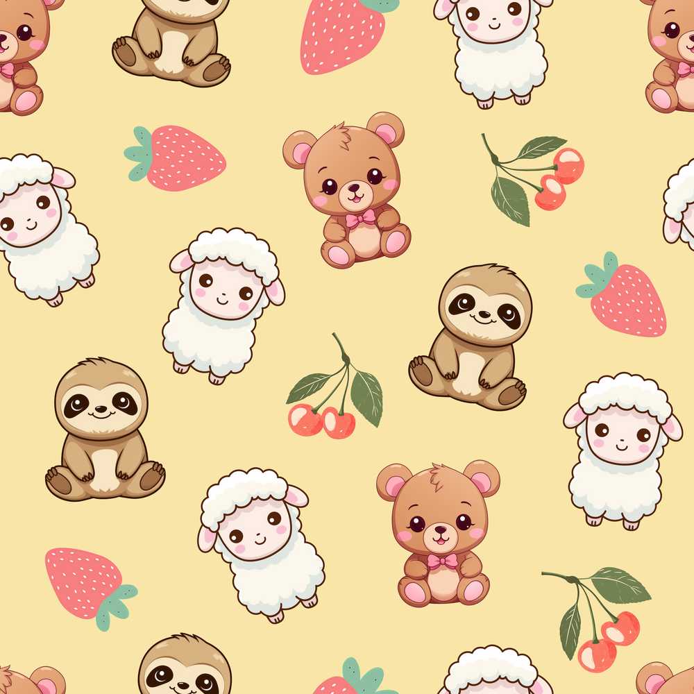 Cute Cute Animals Bear Sloth Sheep Strawberry Warm Beige Background