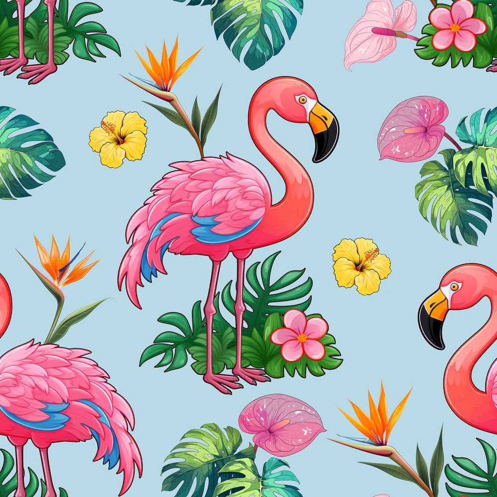Tropical Flamingo Bird with Exotic Flowers Leaves Blue Background