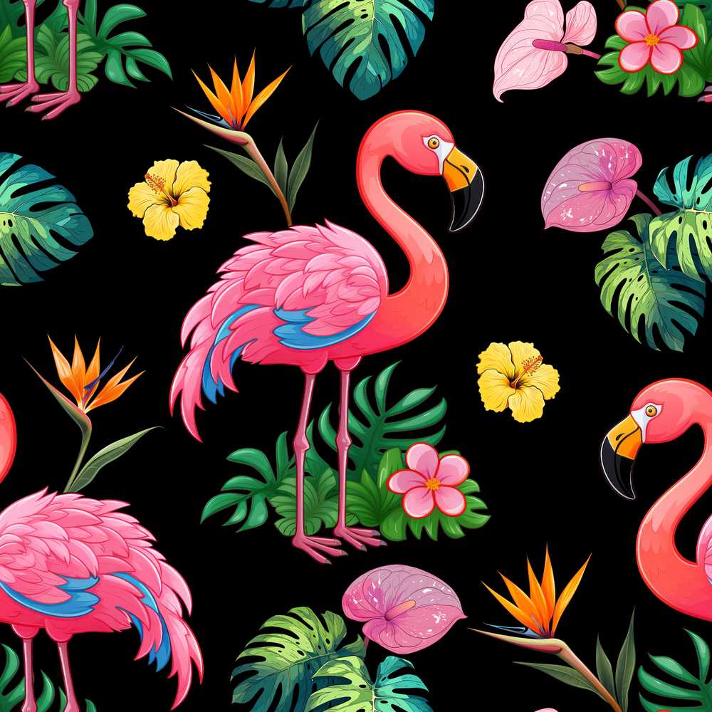 Tropical Flamingo Bird with Exotic Flowers Leaves Black Background
