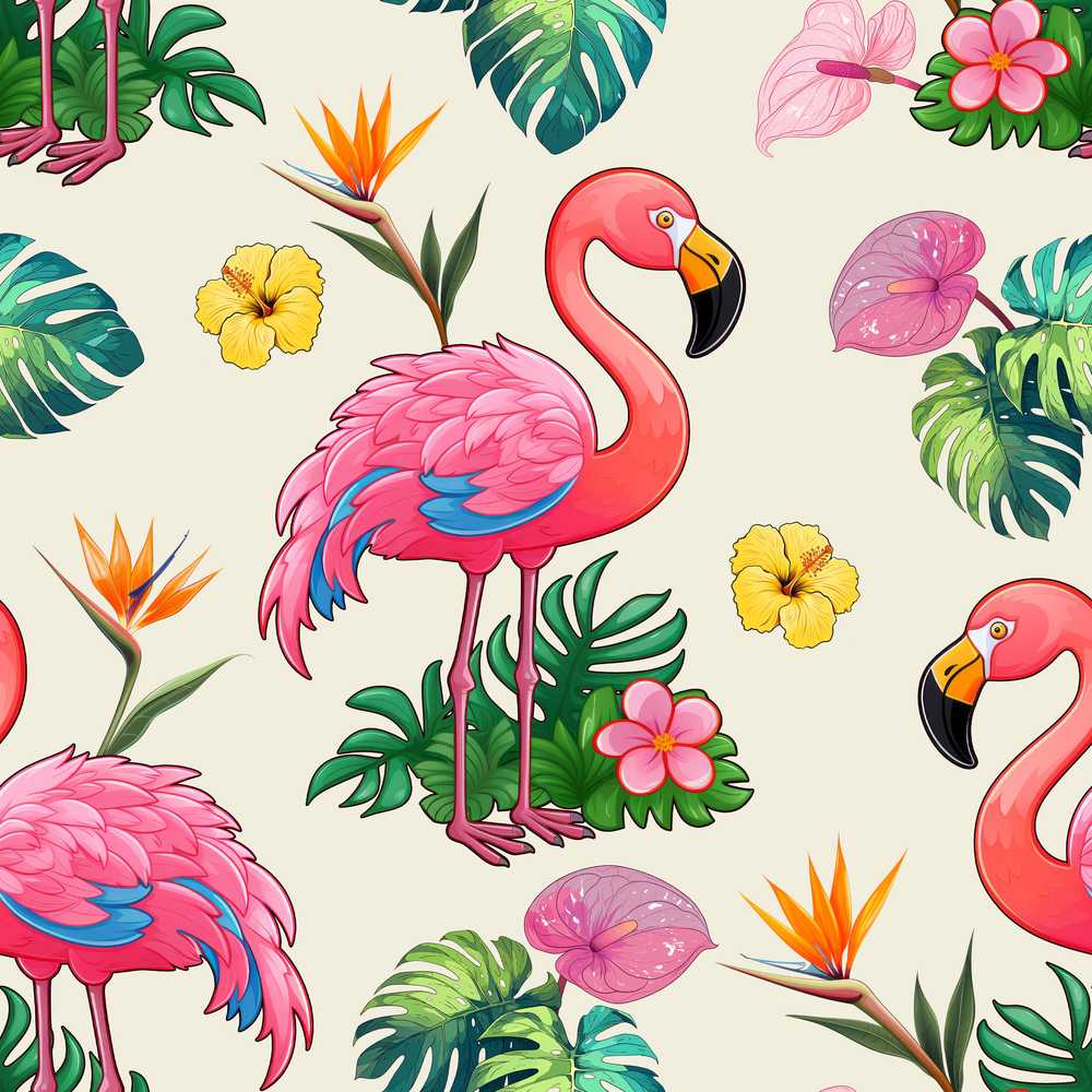Tropical Flamingo Bird with Exotic Flowers Leaves Cream Background
