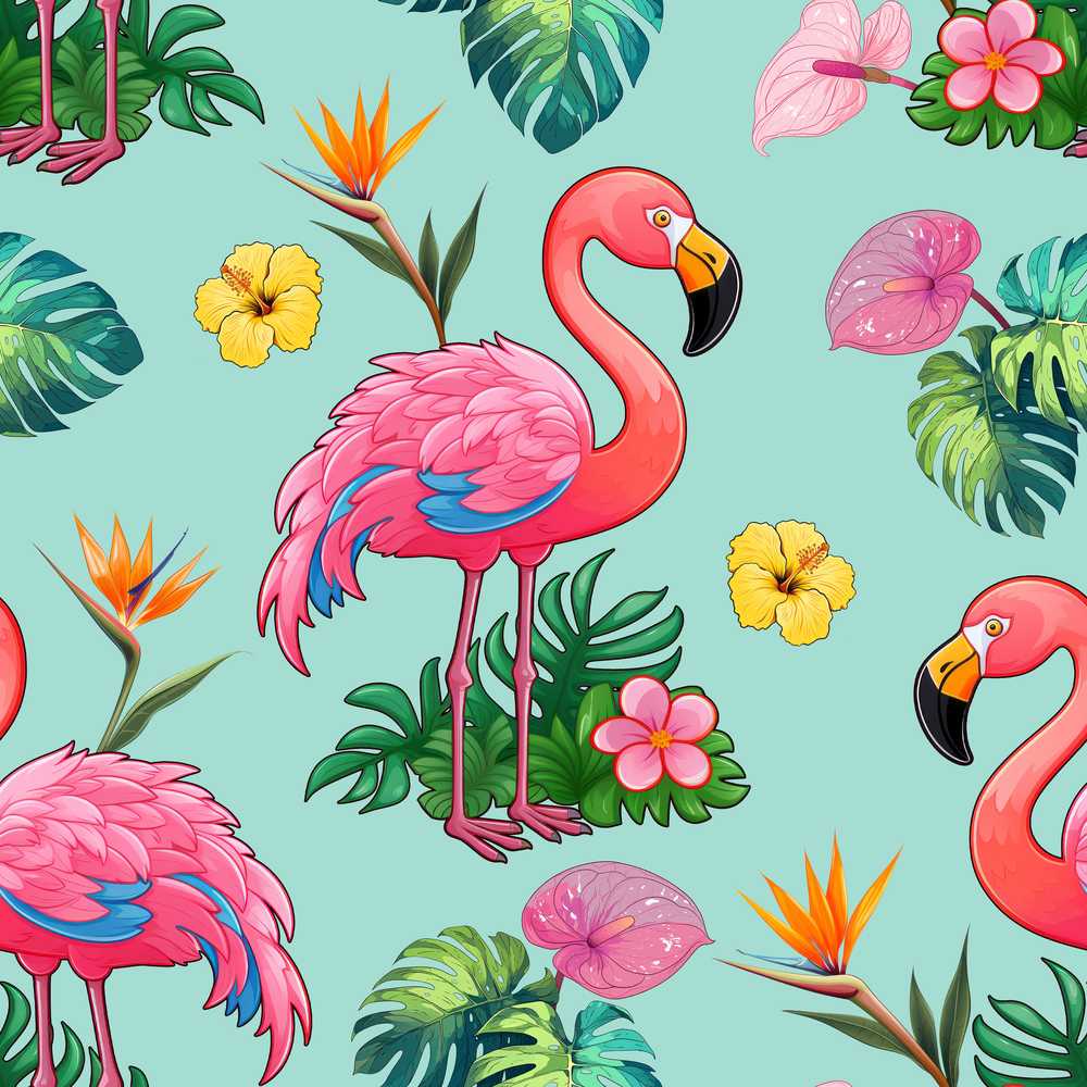 Tropical Flamingo Bird with Exotic Flowers Leaves Mint Background