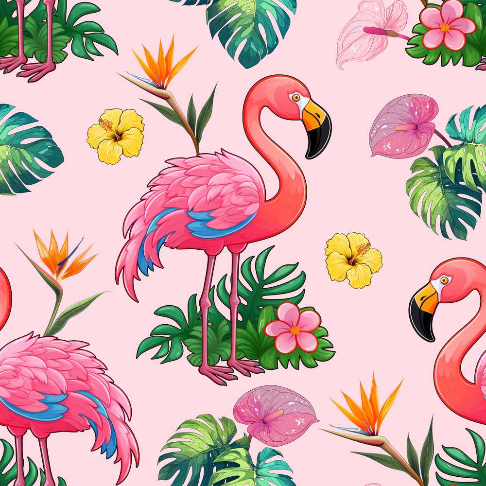 Tropical Flamingo Bird with Exotic Flowers Leaves Blush Pink Background