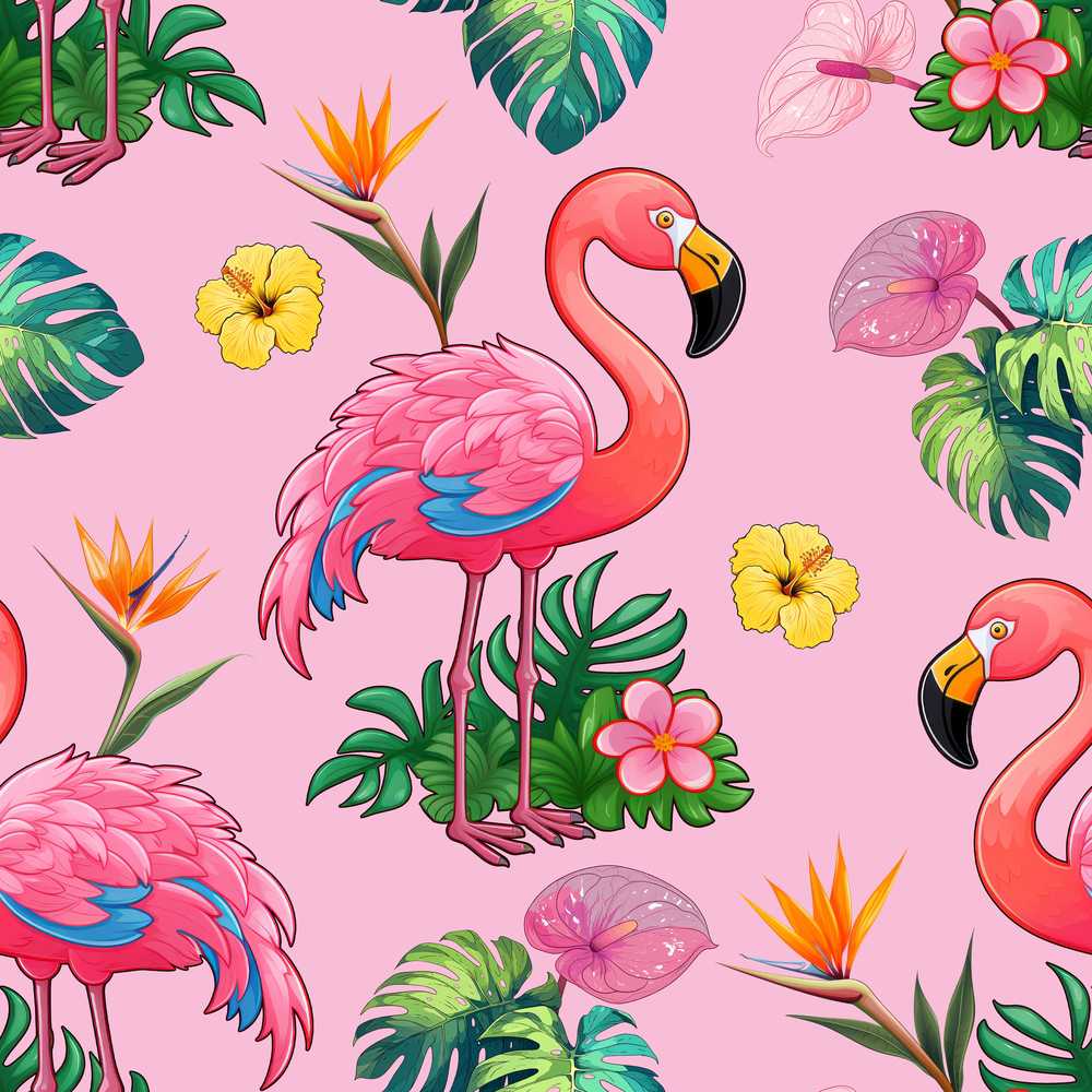 Tropical Flamingo Bird with Exotic Flowers Leaves Soft Pink Background