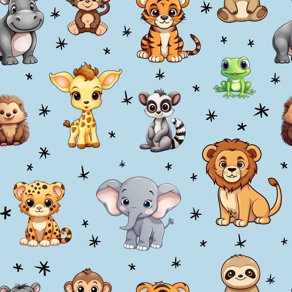 Cute Jungle Baby Animals Lion Tiger Elephant Giraffe Blue Background