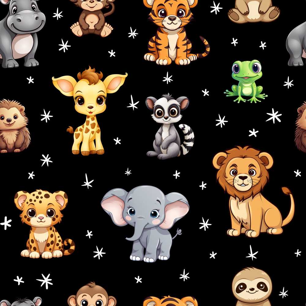 Cute Jungle Baby Animals Lion Tiger Elephant Giraffe Black Background