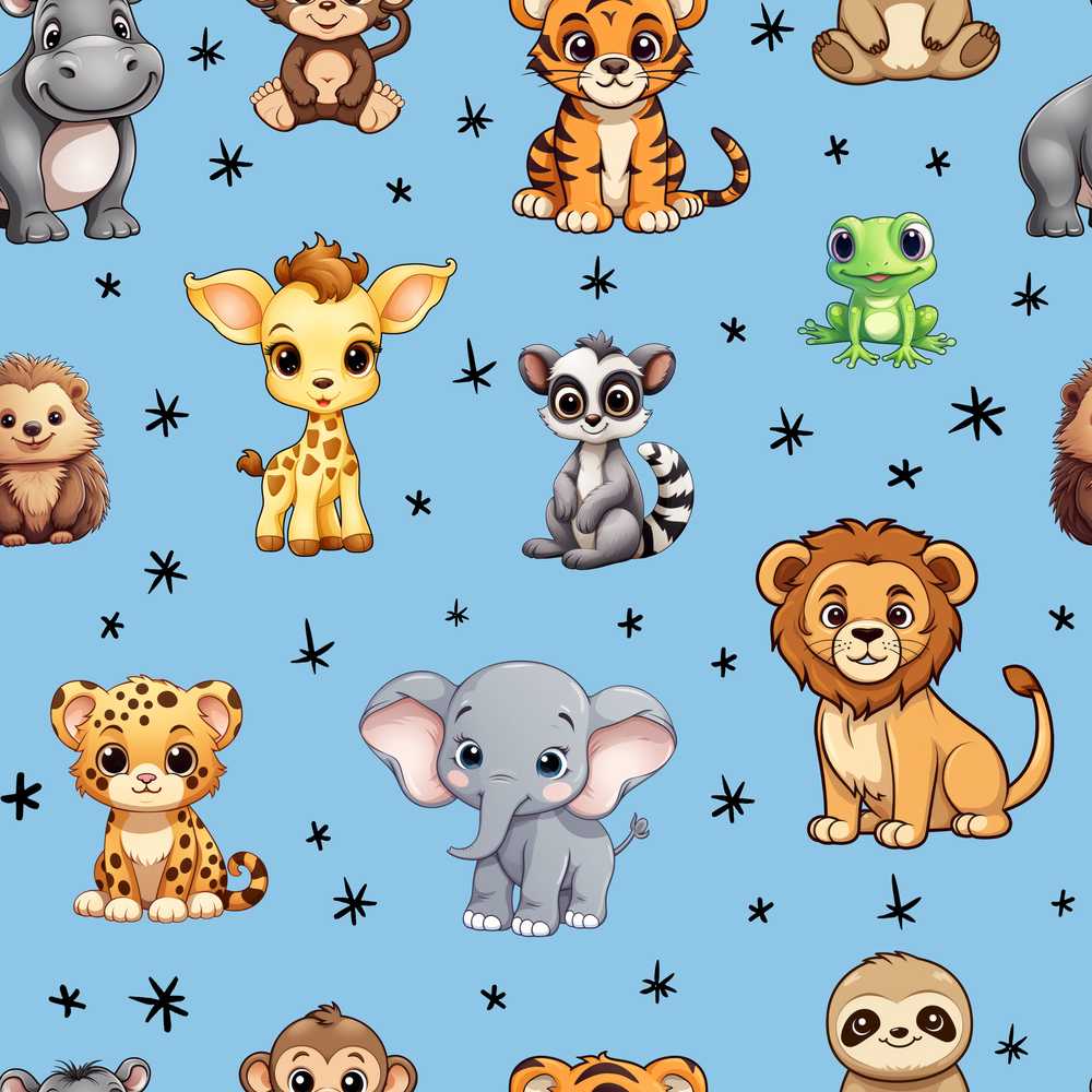 Cute Jungle Baby Animals Lion Tiger Elephant Giraffe Sky Blue