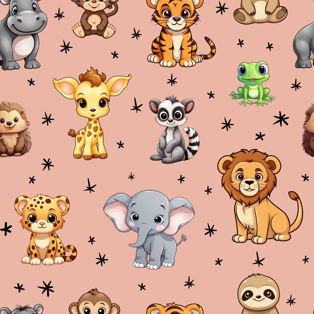Cute Jungle Baby Animals Lion Tiger Elephant Giraffe Peach Background