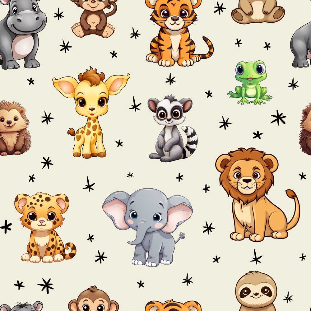 Cute Jungle Baby Animals Lion Tiger Elephant Giraffe Cream Background