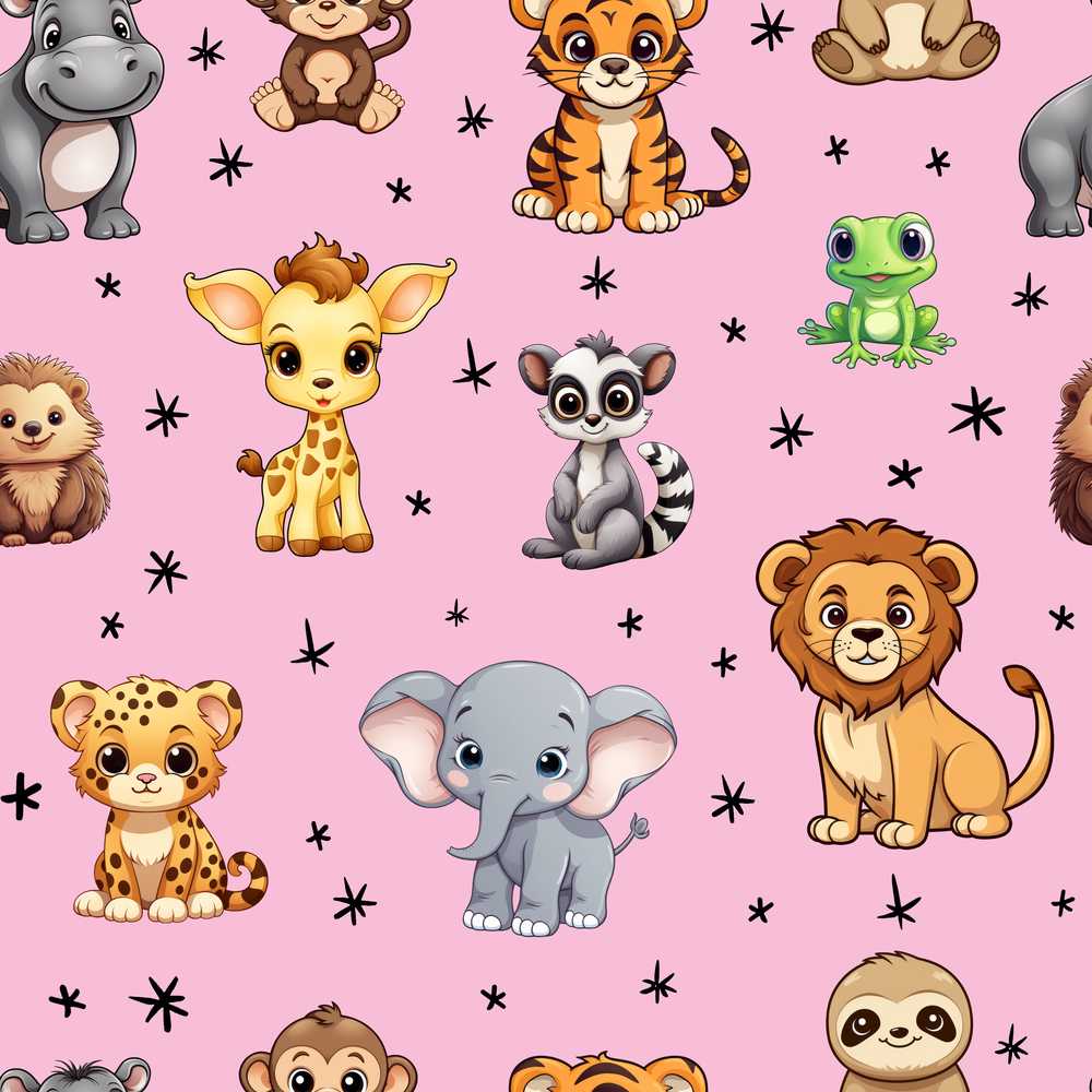 Cute Jungle Baby Animals Lion Tiger Elephant Giraffe Pink Background