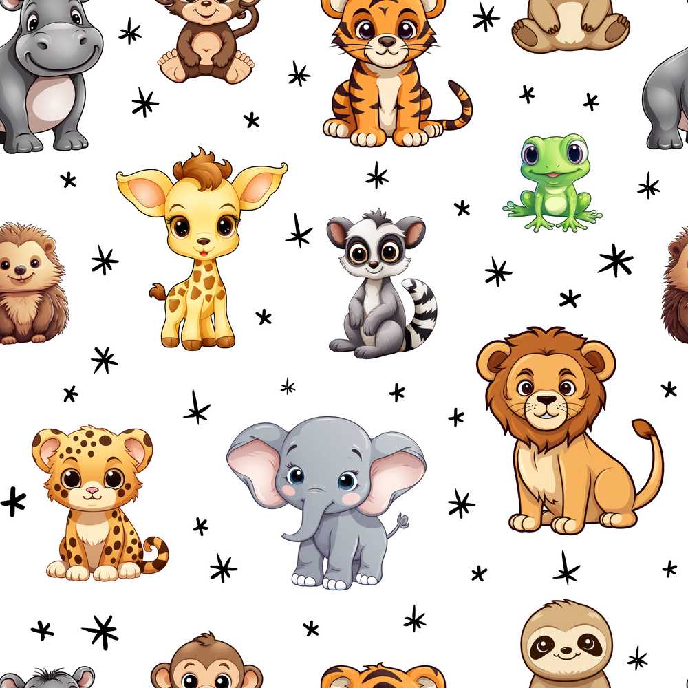 Cute Jungle Baby Animals Lion Tiger Elephant Giraffe Grey Background