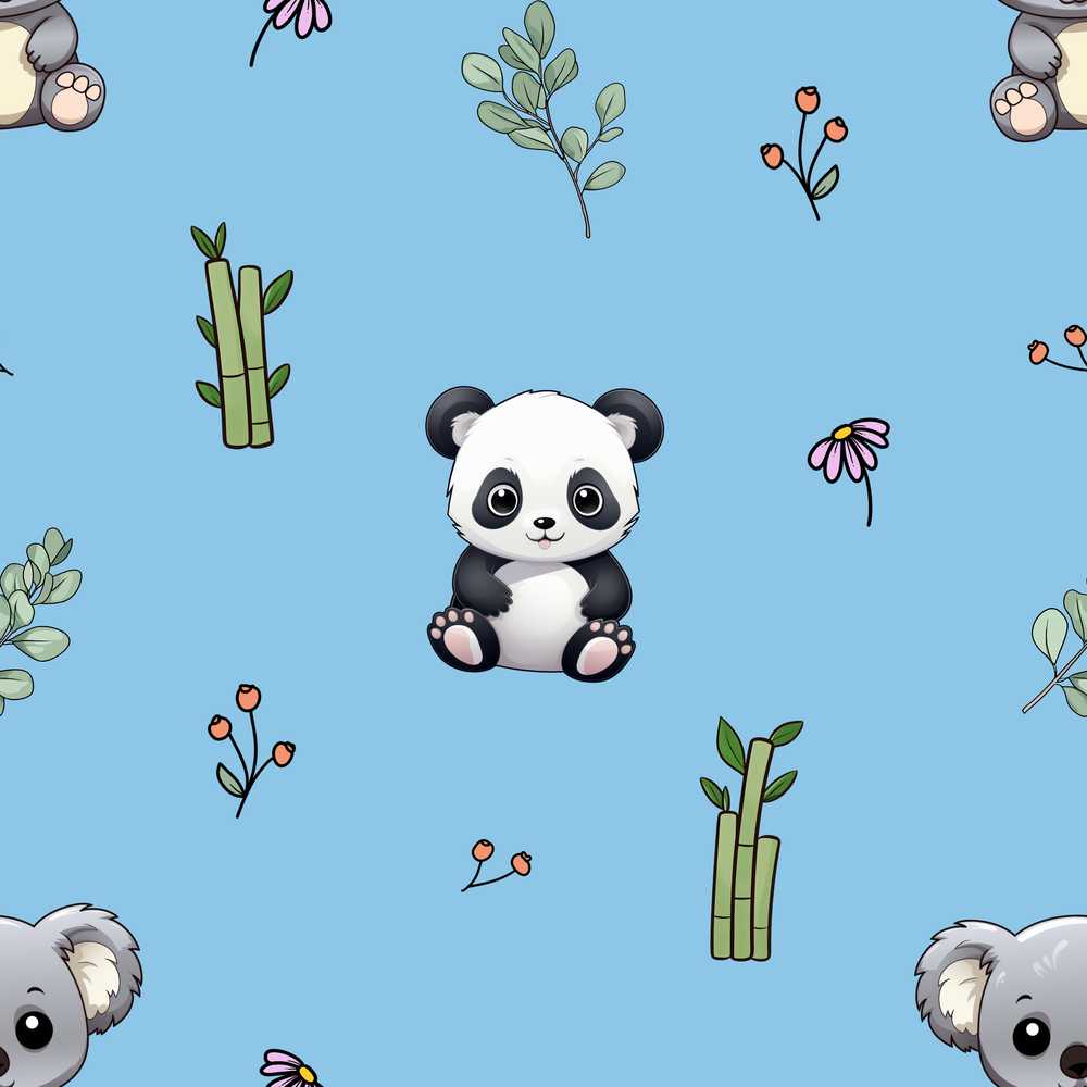 Cute Panda Bear with Bamboo Leaves Floral Sky Blue Background
