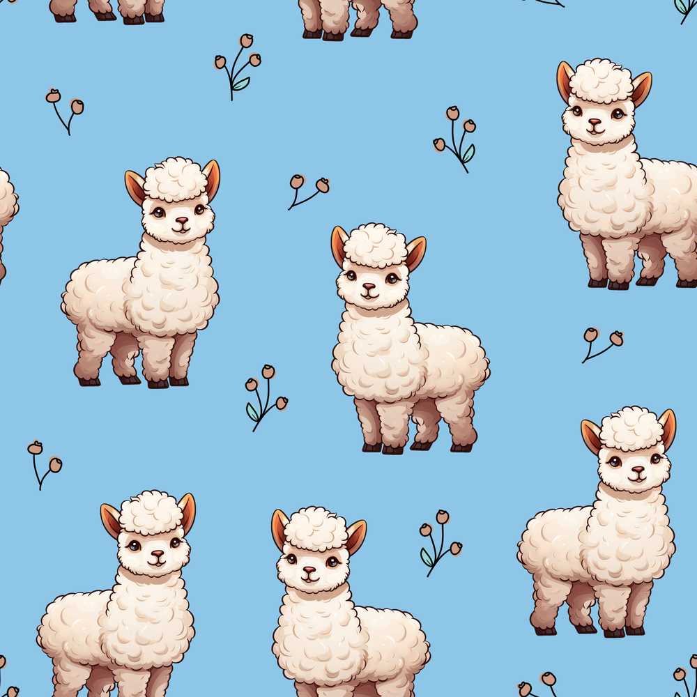 Cute Alpaca Llama Farm Animals Floral Sky Blue Background
